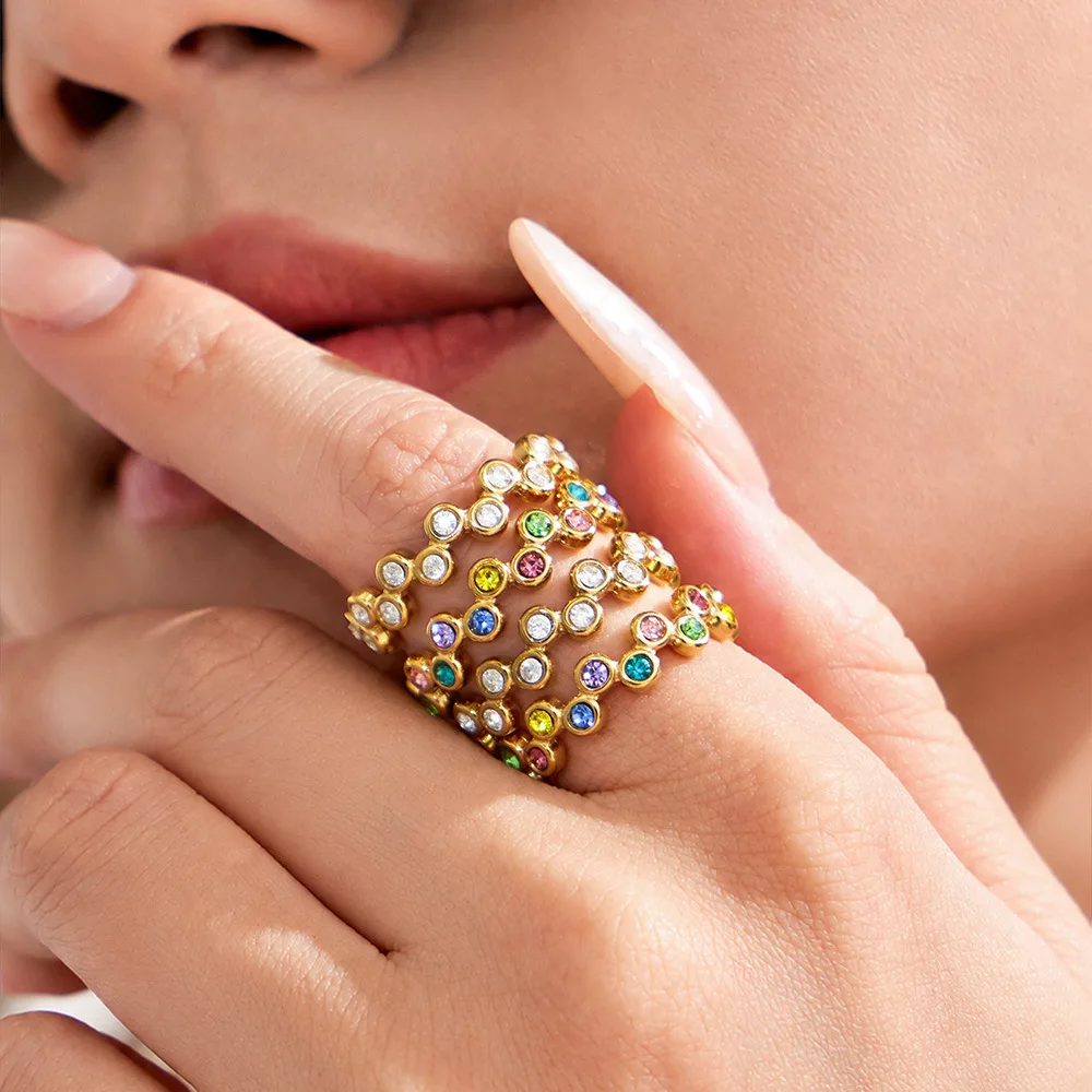 316L Edelstahlringe mit 18K vergoldeter Fassung, bunter Zirkonring, mehrlagig, für den Alltag, passend zu jedem Outfit, Schmuckgeschenk für Frauen – Detail 2