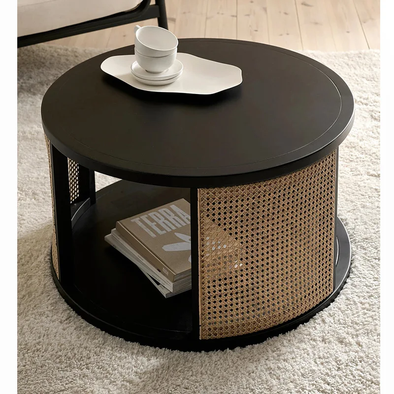 Eros House Coffee Table Solid Wood Double-layer Round Table Rattan Bed and Breakfast Side Table Home Designer Furniture