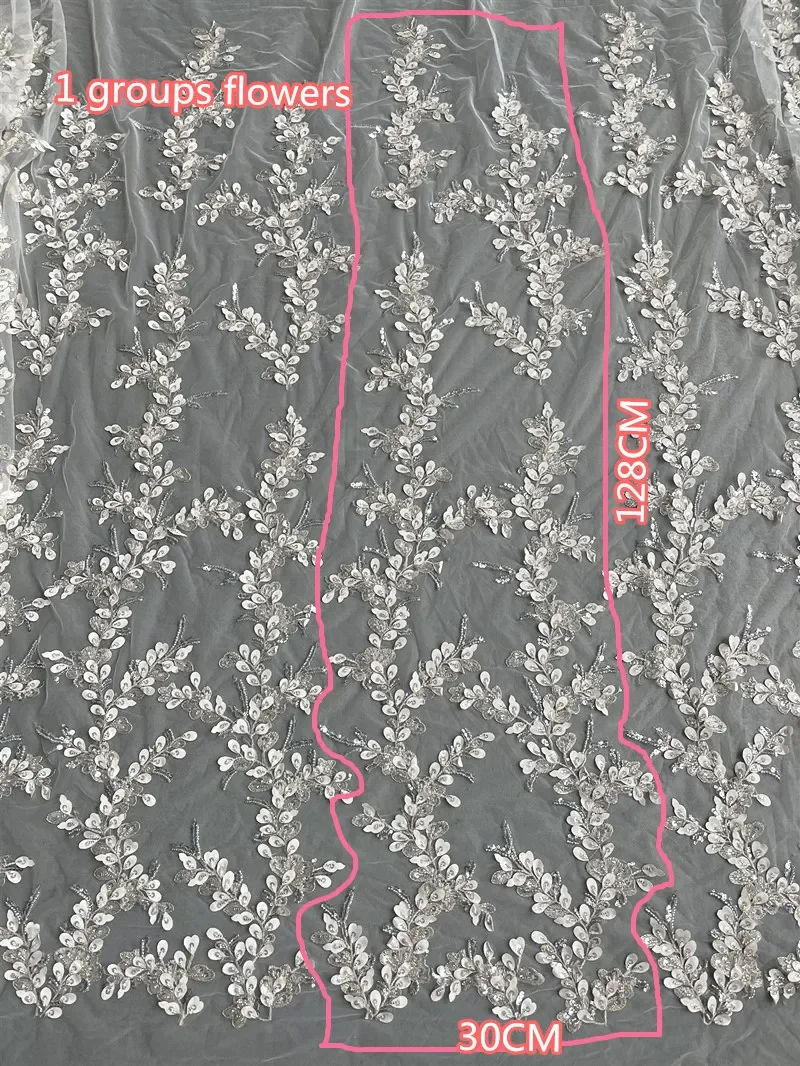 Ivory Luxury Beaded Applique Bridal Lace Fabric Silver Embroidery Flowers and Leaves Sequins High-end Dress Fabric Lace RS3105