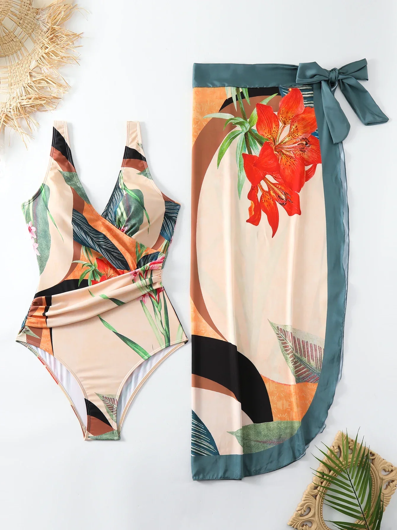 Costume da bagno intero da donna retrò con gonna in garza estiva nuova stampata in vita snellente