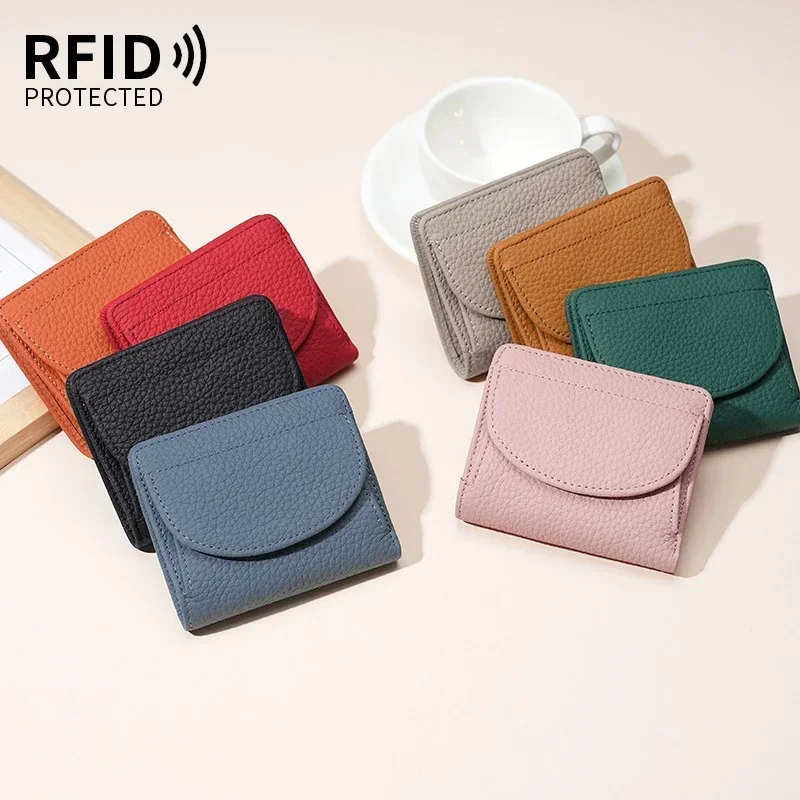 Genuine Leather RFID ID Credit Bank Business Card Holder Cowhide Coin Purse Bags Luxury Clutch Slim Pocket Wallets for Women