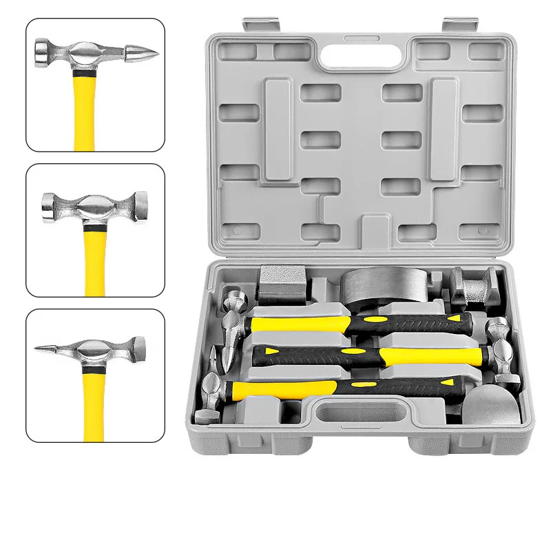 TBTOOLS 7pcs Car Auto Body Panel Dent Repair Kit Hammer Sheet Flat Head Iron Block Set Automotive Maintenance Tools Sets TB257