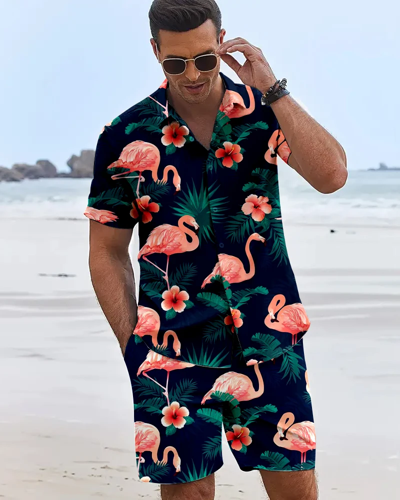 New Summer Flamingo Print Men\'s Short Sleeve Shirt Hawaii Men\'s Sports Shorts Summer Men\'s Casual Shirt and Beach Shorts Set