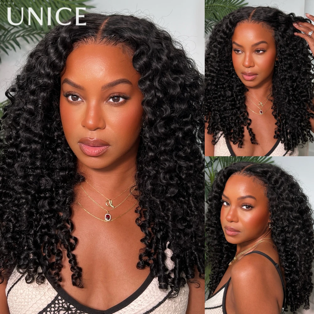 UNice 7x5 и 13x4 Кружевной вьющийся парик из натуральных волос с кончиками пальцев, предварительно выщипанный, предварительно вырезанный, предварительно отбеленный, бесклеевой парик со шнурком