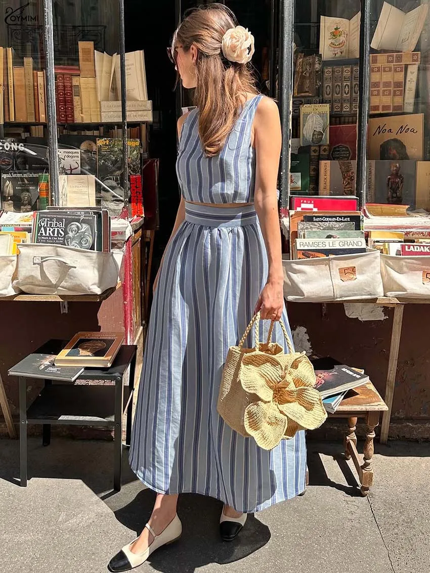 

Oymimi Fashion Blue Print Two Piece Set Woman Elegant Sleeveless Open Back Lace-Up Tops And High Waist Loose Mid-Calf Skirts Set