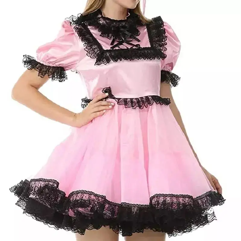 

Sissy girl pink satin chiffon short sleeved fluffy hem dress maid cosplay costume can be customized