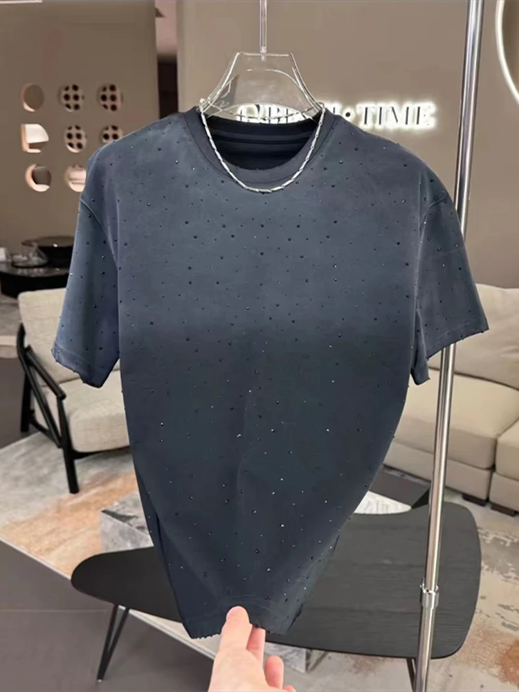 

Модная свободная мужская футболка с коротким рукавом, летняя, простая, с декором из страз, повседневная, молодежная, с коротким рукавом