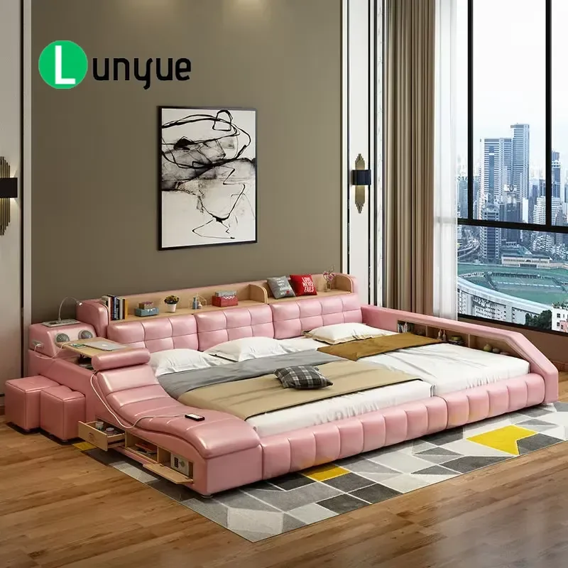 Modern Triple Leather Bed Smart Massage Customizable Size Versatile Family Furniture Durable Comfortable Bedroom Use