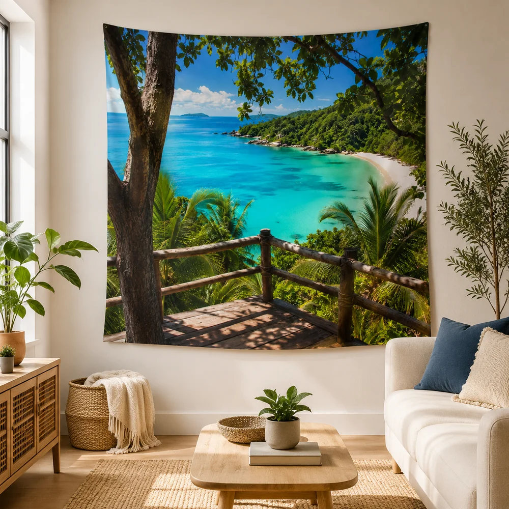 Mossy Tree Hollow Tapestry- Sunlit Forest Ferns Wall Hanging for Living Room Bedroom Nature Boho Decor