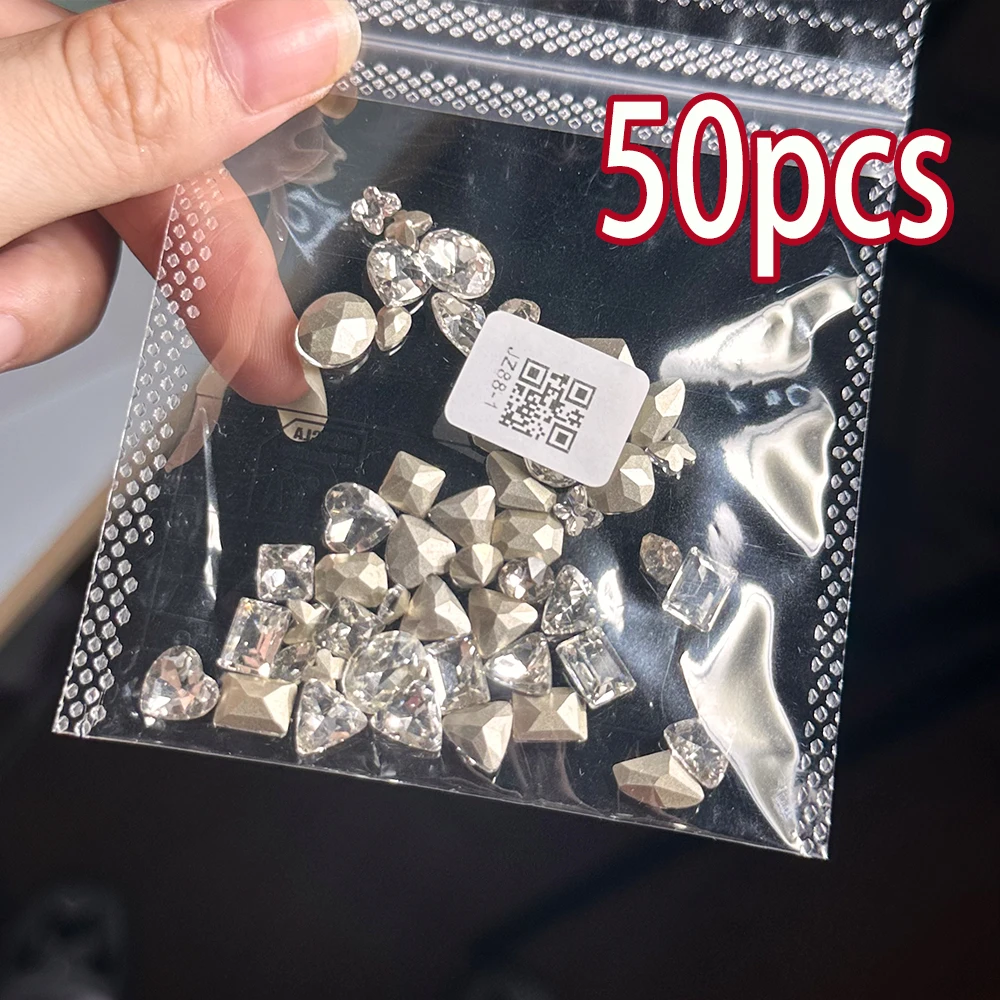 50 Stücke Glänzende Rosa Kristall Nagel Dekoration Herz Quadrat Oval Formen Spitzen Boden Unregelmäßige Nagel Charms Strass DIY Nail art – Detail 3