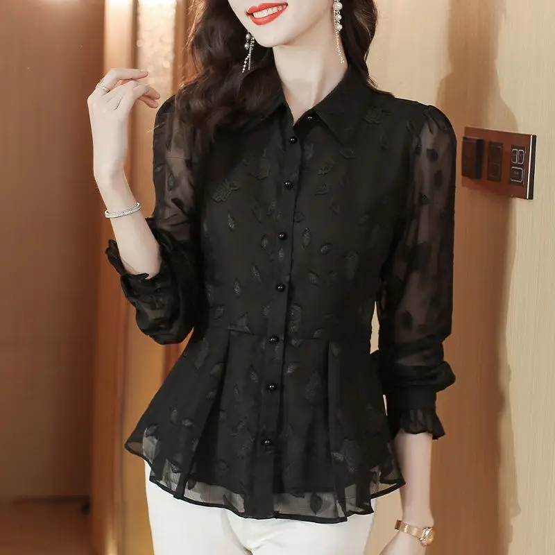 Elegant Floral Long Sleeve Chiffon Blouse Women's Autumn New Collection Waist-cinching Stylish Skirt Top