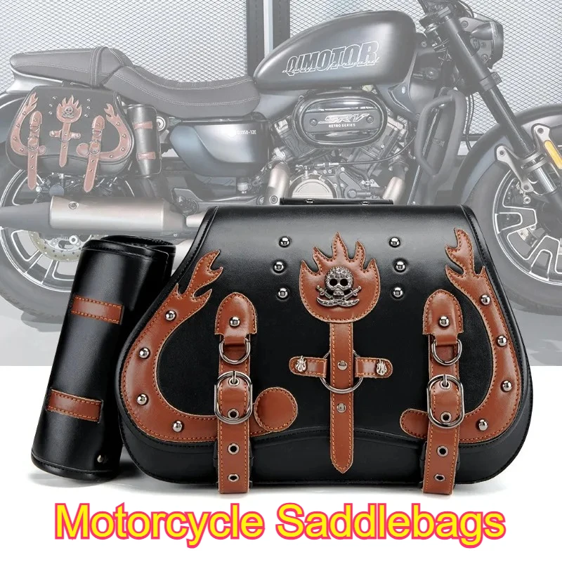 1Pair Retro PU Leather Motorcycle Throwover Saddlebags, Fit for Harley XL883 Honda Yamaha Suzuki, Side Gear Bags with Cup Holder
