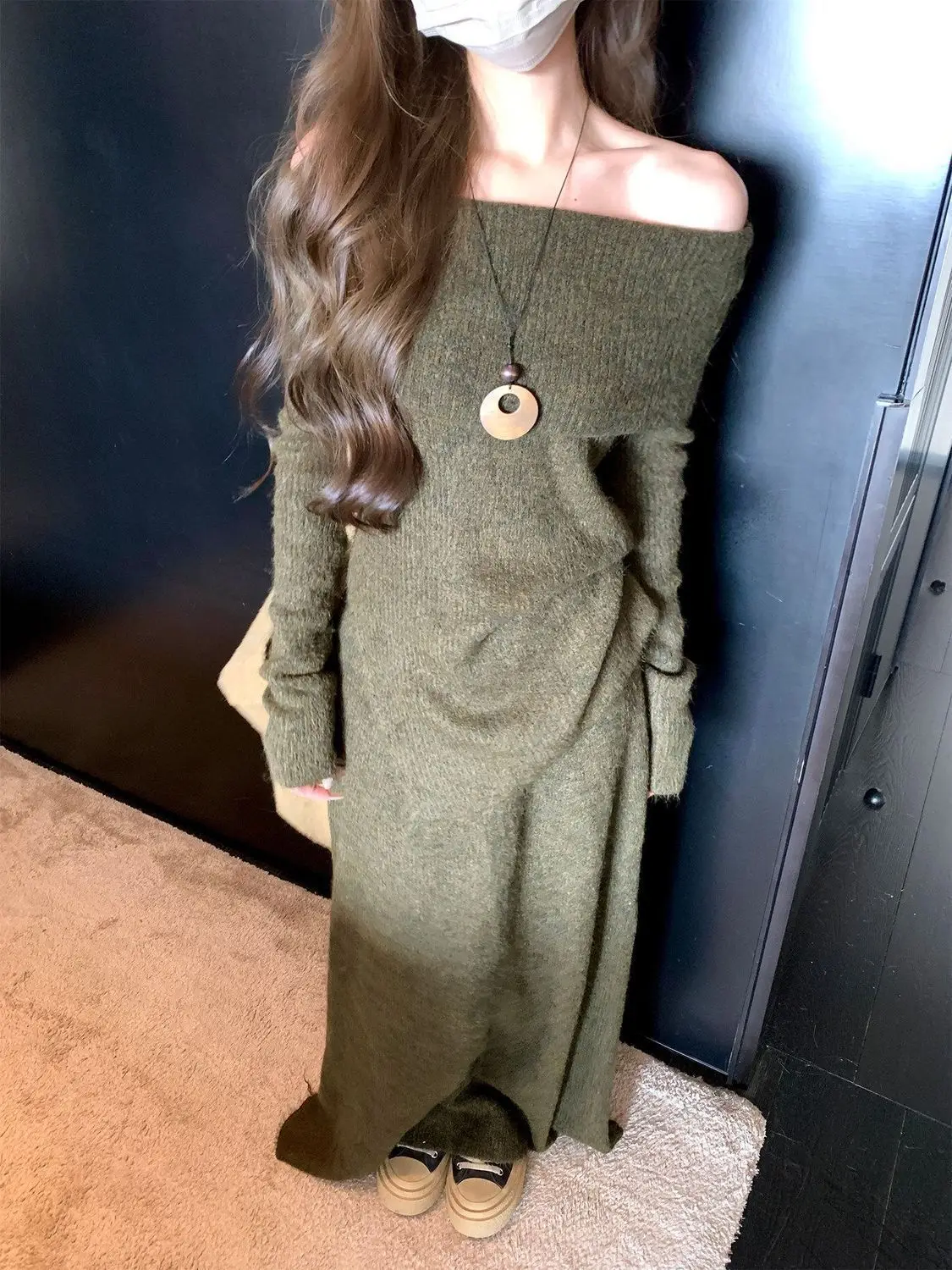 Sweater Set Women's Autumn and Winter New Knitted Sweater One-word Shoulder Bottoming Shirt Side Slit Skirt Set