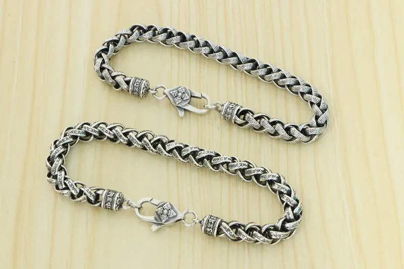 Sterling silver plaid woven China-Chic Om mani padme hum bracelet men's simple retro bracelet small design twine jewelry