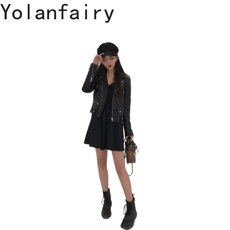 YOLANFAIRY 100% Genuine Leather Jacket Women Fashion Real Sheepskin Leather Coat Women Clothes Motorcycle Short Jackets 2026