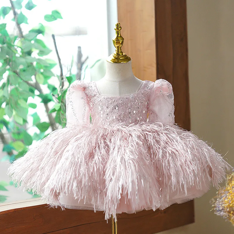 Vestido de boda de lujo con tutú de perlas y lentejuelas azules para niñas, vestidos de Año Nuevo para niños, vestido de fiesta de cumpleaños infantil para bebés