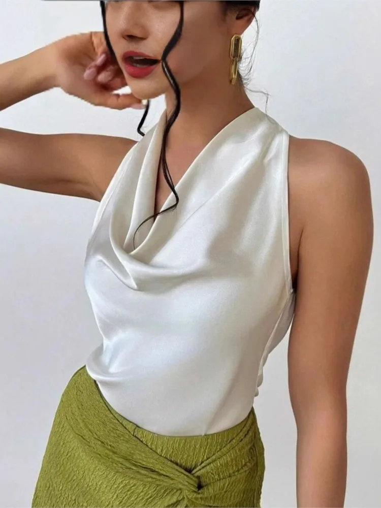 

Elegant Women Sleeveless Hanging Neck Top Elegant Slim Clothing 2025 Fashion Summer New Vacation Party Waistcoat Ropa De Mujer