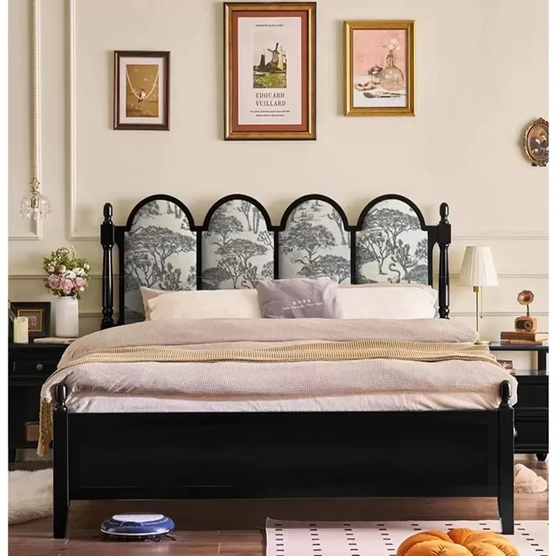 for French Retro Black Solid Wood Pillar Double Bed for American Rural Modern Simple Master Bedroom Nanyang Antique Style