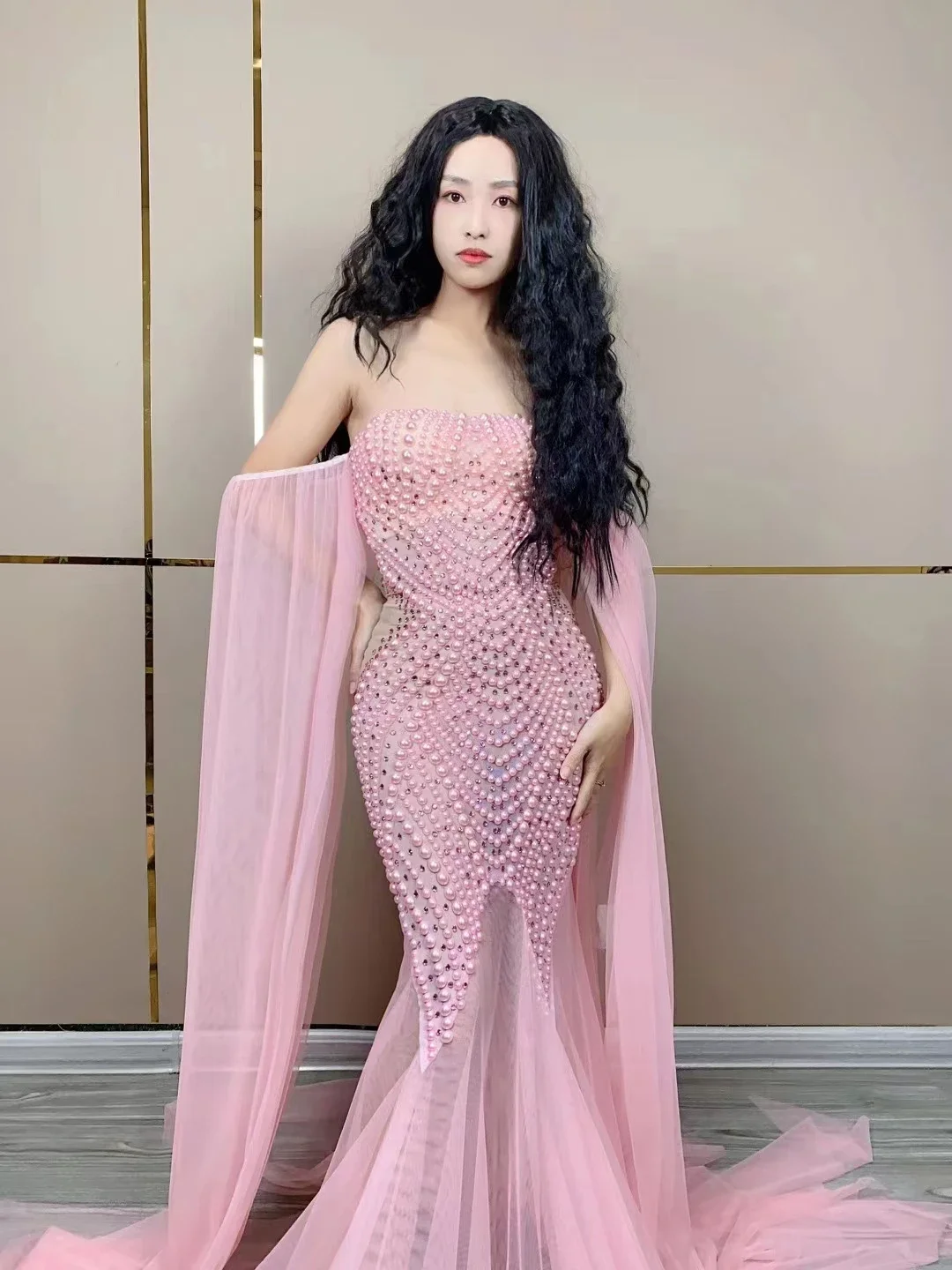 Pink Pearl Gauze Trailing Long Dress Celebrity Birthday Festival Costume Model Stage Walk Singer Hos Evening Party Mesh Dresses