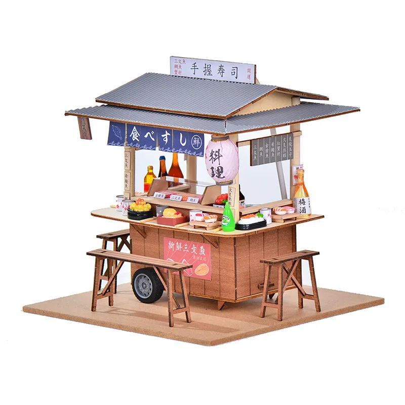 Fai da te in legno giapponese sushi Street Store Casa modello in miniatura kit puzzle 3D casa delle bambole con luci per mobili per regali di amici