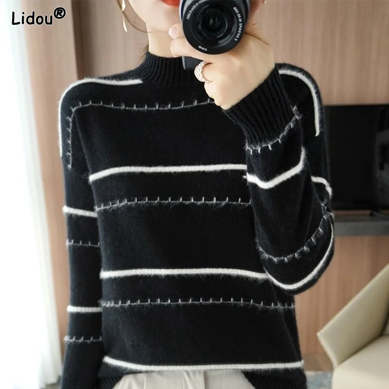 

Office Lady Fashionable Casual T-Shirts Korean Straight Loose Elastic Pullovers Solid Color Striped Comfortable Women's Clothing