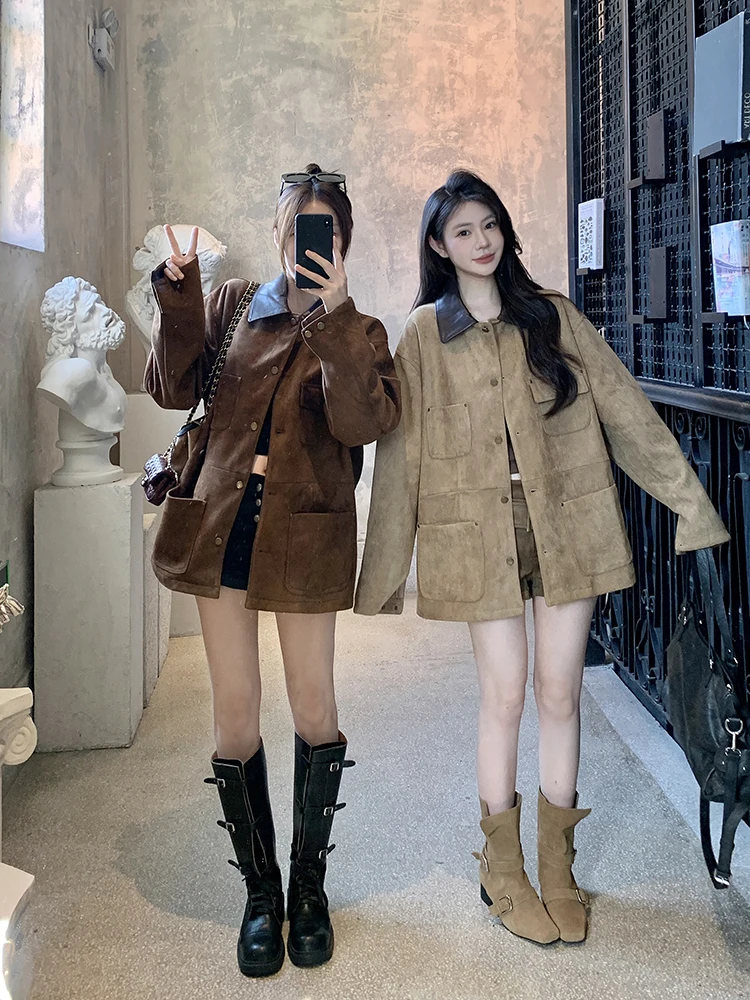 

Женская свободная куртка в стиле ретро с цветными блоками MXBOOM: универсальный дизайн для ранней осени, с отложным воротником, длинными рукавами