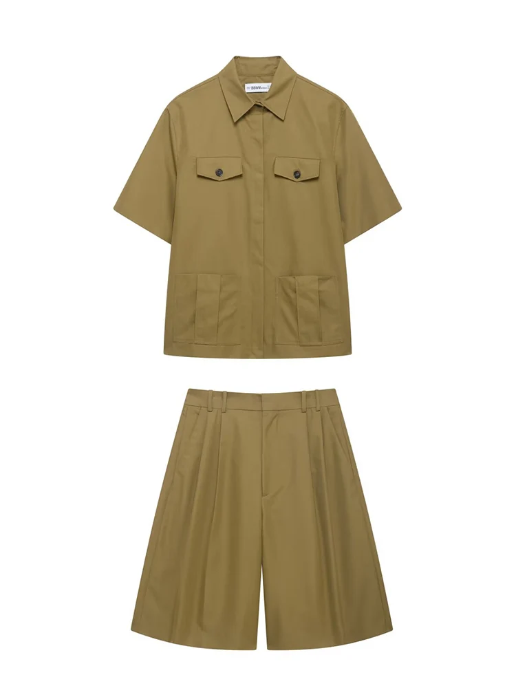 

KUCLUT женский модный комплект из 2 предметов, зеленые однобортные рубашки и винтажные шорты на молнии спереди, женские шикарные женские шорты, комплекты