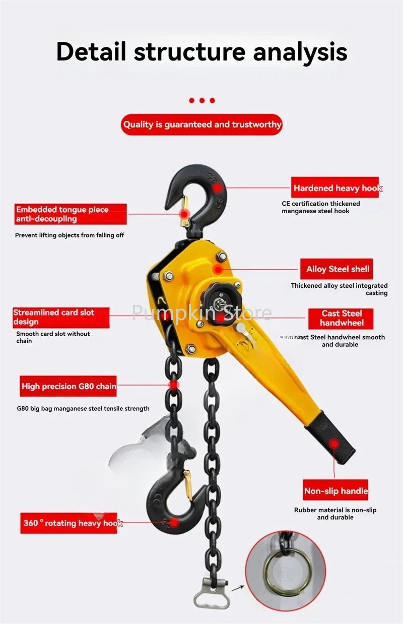 Manual Manganese Steel Hook Wire Manual Traction Hoisting Tool Lever Small Hand Chain Manual Traction Hoist Crane 3M 0.75/1T