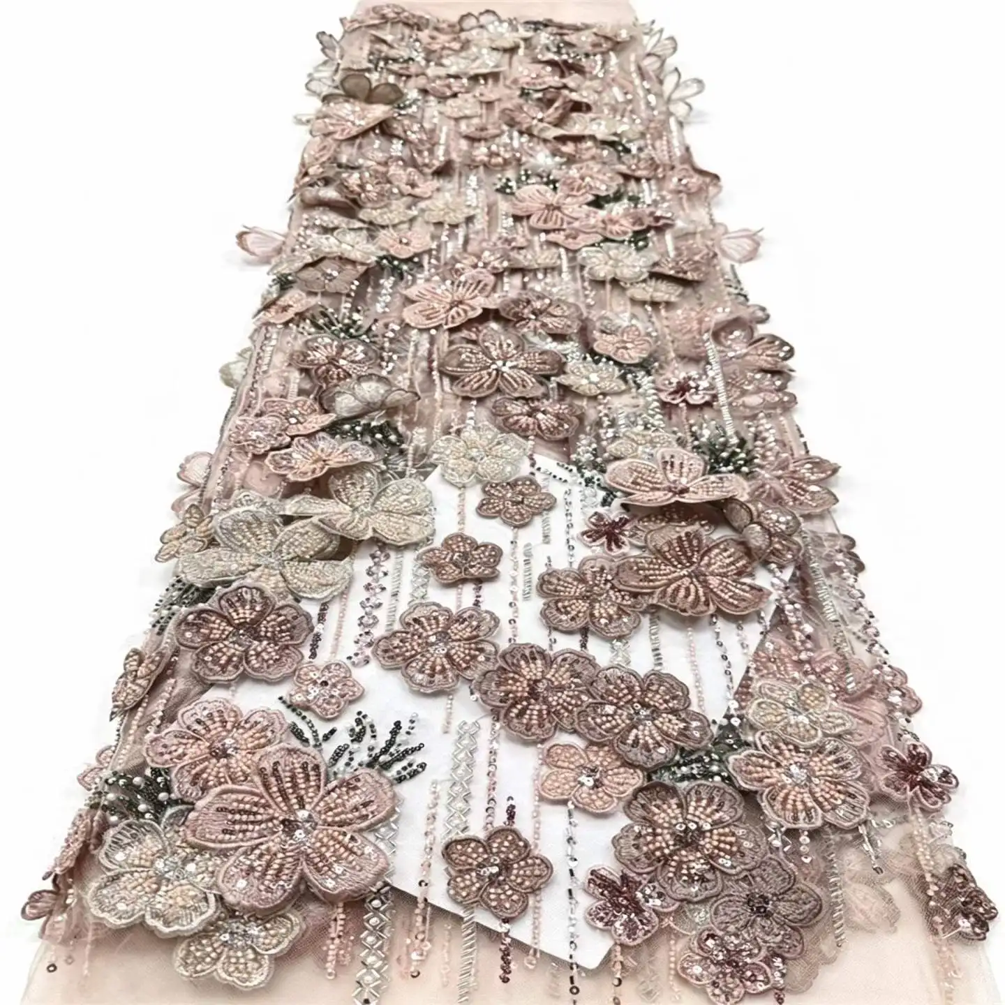 African Heavy Beaded Lace Fabric French Bridal Sequins Lace Fabric 2026 Luxury Nigerian Tulle Lace Fabric For Dress
