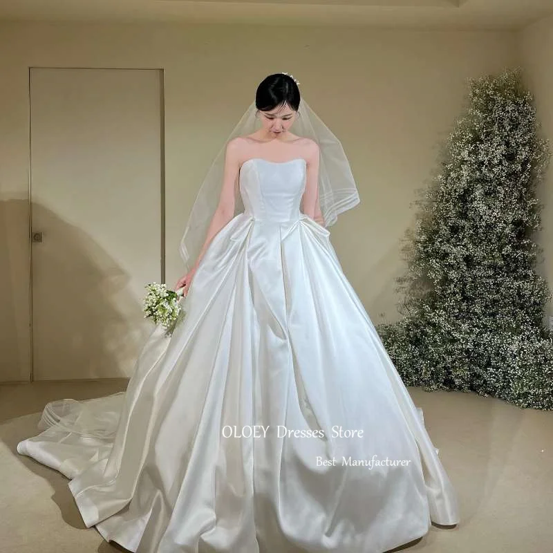 OLOEY Simple Sweetheart Thick Satin A Line Korea Wedding Dresses Luxury Pleats Bridal Gowns Sweep Train Free Veil Custom Made