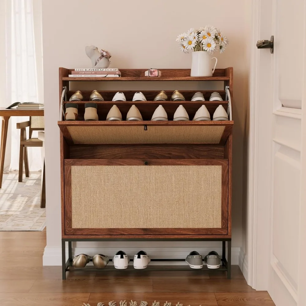 

Narrow Shoe Storage Cabinet for Entryway with 2 Flip Drawers, Freestanding Shoe Cabinet with Natural Linen Panel, Slim Wood Sho