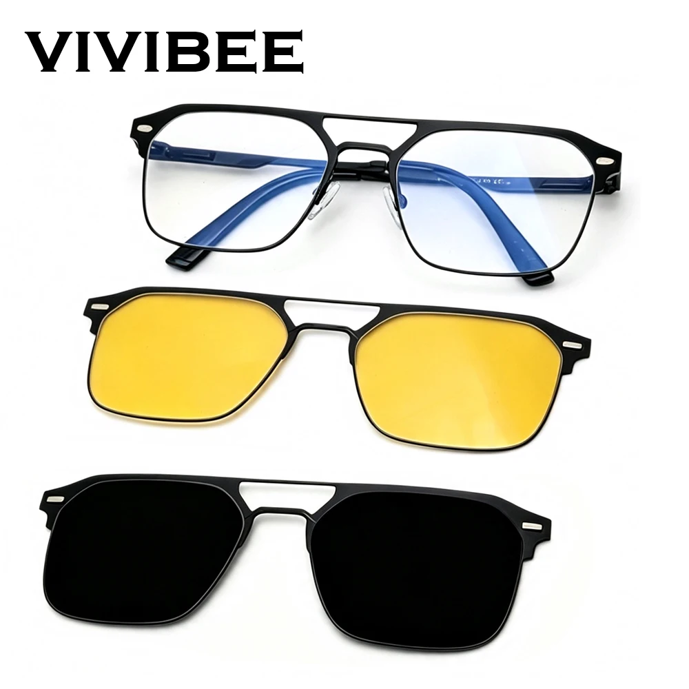 VIVIBEE Double Bridge Magnetic Sunglasses With Polarized Clips Men Night Vision Eyeglasses Frame UV400 Women Fashion Sunshades