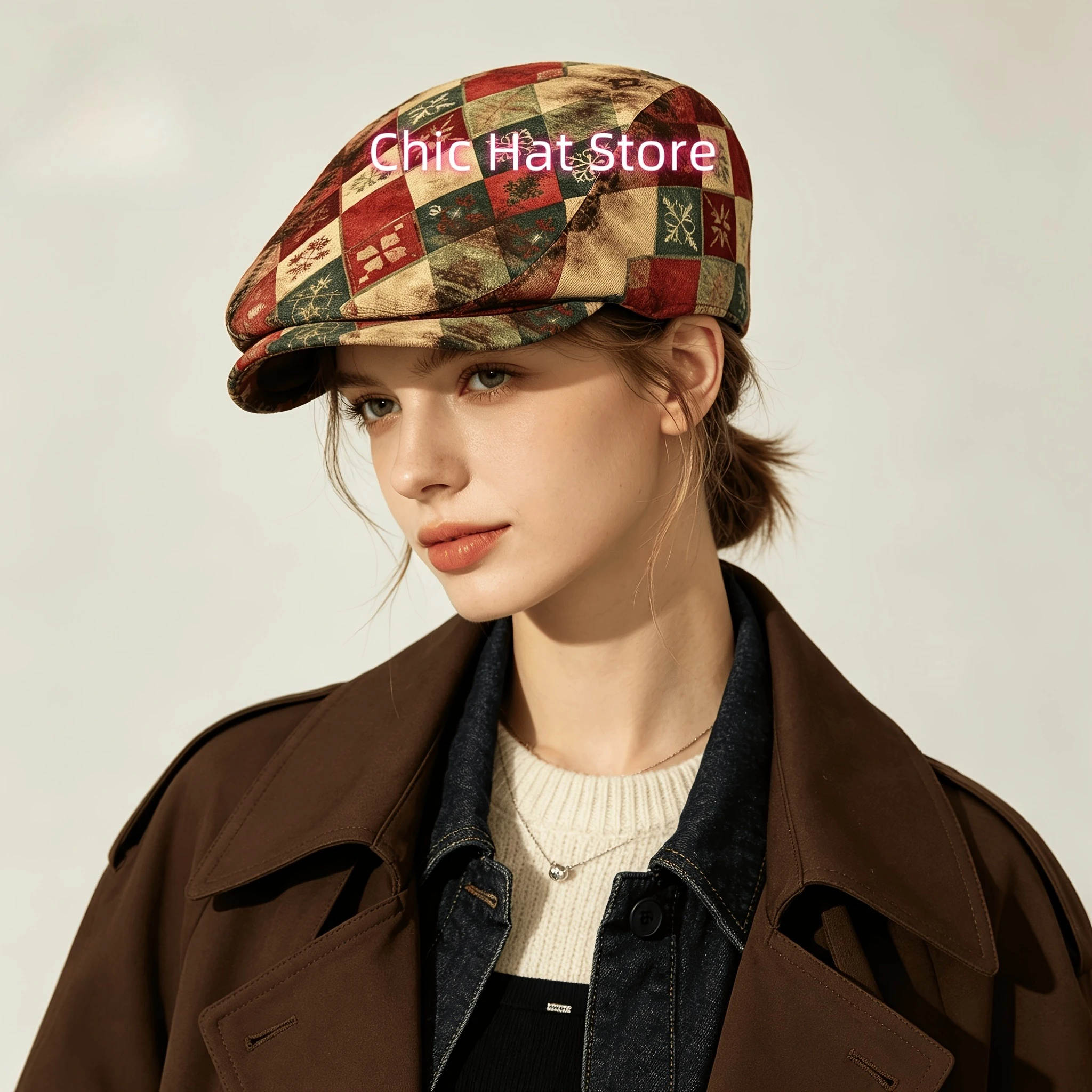 1pc Shaped Snowflake Art All-over Print Flat-top Hats for Men and Women, Newsboy Caps, Berets, Irish Hats, Driver Caps,  Hats, P