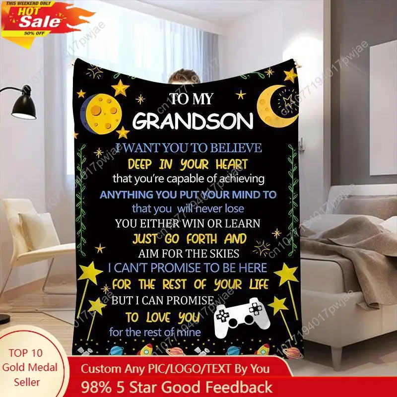 

Letter & Star Print Blanket To My Grandson GiftBlanket Soft Throw Blanket Cool BedroomAccessorie Home Essentials Custom Blankets