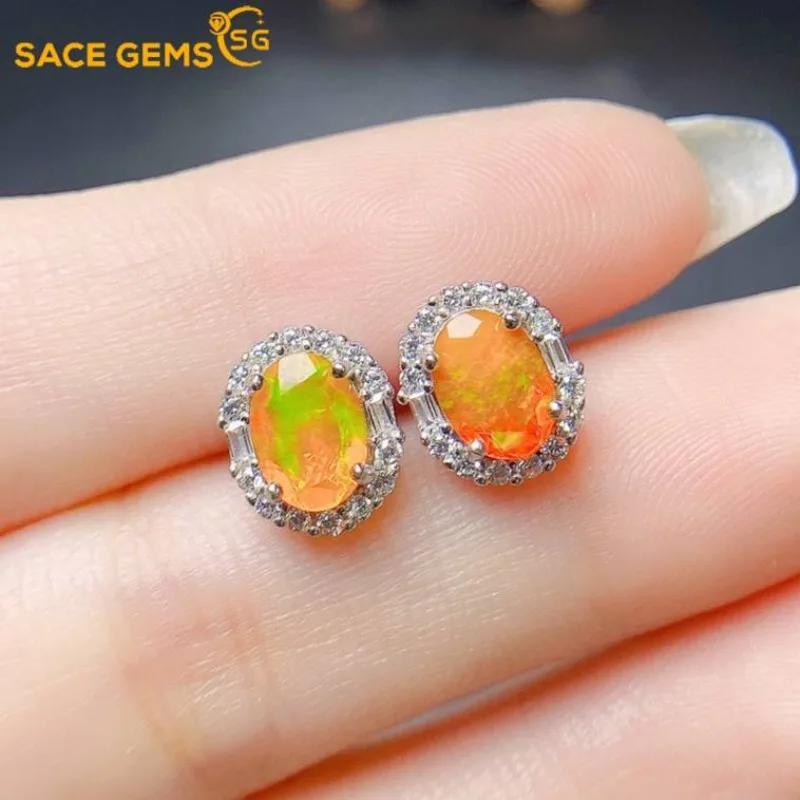 

SACE GEMS Fashion Jewelry Earrings for Women 925 Sterling Silver 5*7MM Natual Opal Stud Earrings Wedding Party Fine Jewelry Gift