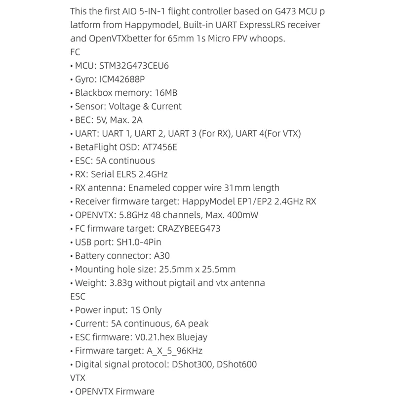 ABGI-CRAZYG473 V1.0 AIO 5-In-1 Flight Controller 5.8Ghz Built-In UART ELRS Receiver Openvtx Support For 65Mm 1S Micro FPV Whoops