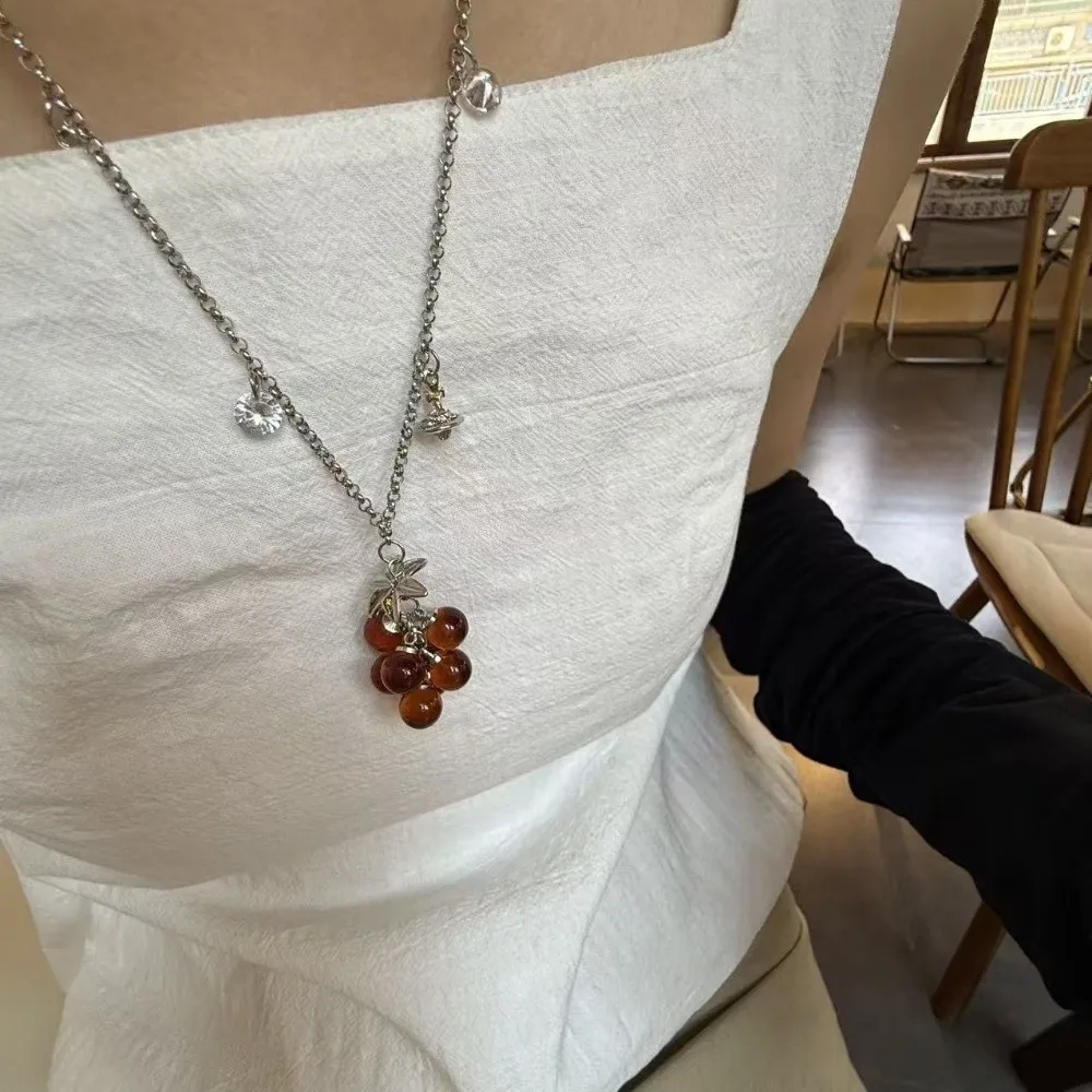 Beaded Grape Cluster Necklace Saturn Translucent Starburst Choker Stainless Statement Fruit Cluster Charm Goth Girls