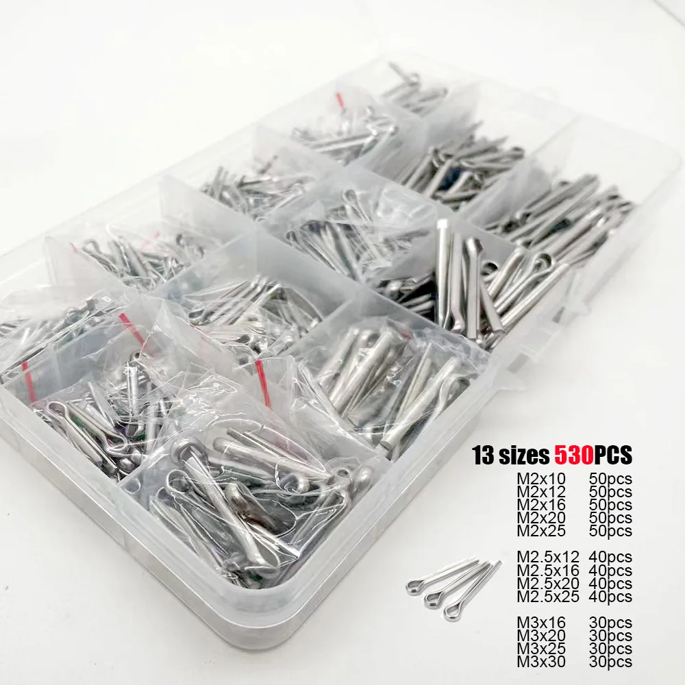 XLGYLPRO 530‑pcs M2 M2.5 M3 304 stainless steel U‑shape split clamp tractor spring cotter hair pin assortment kit box