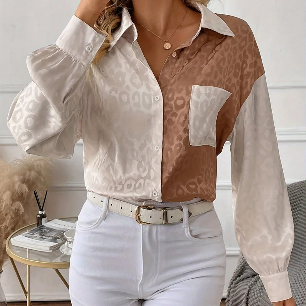 

Retro Casual Style Double Color Leopard Print Turn Down Collar Shirt Drop Shoulder Full Sleeve Pocket Design Office Leisure Tops