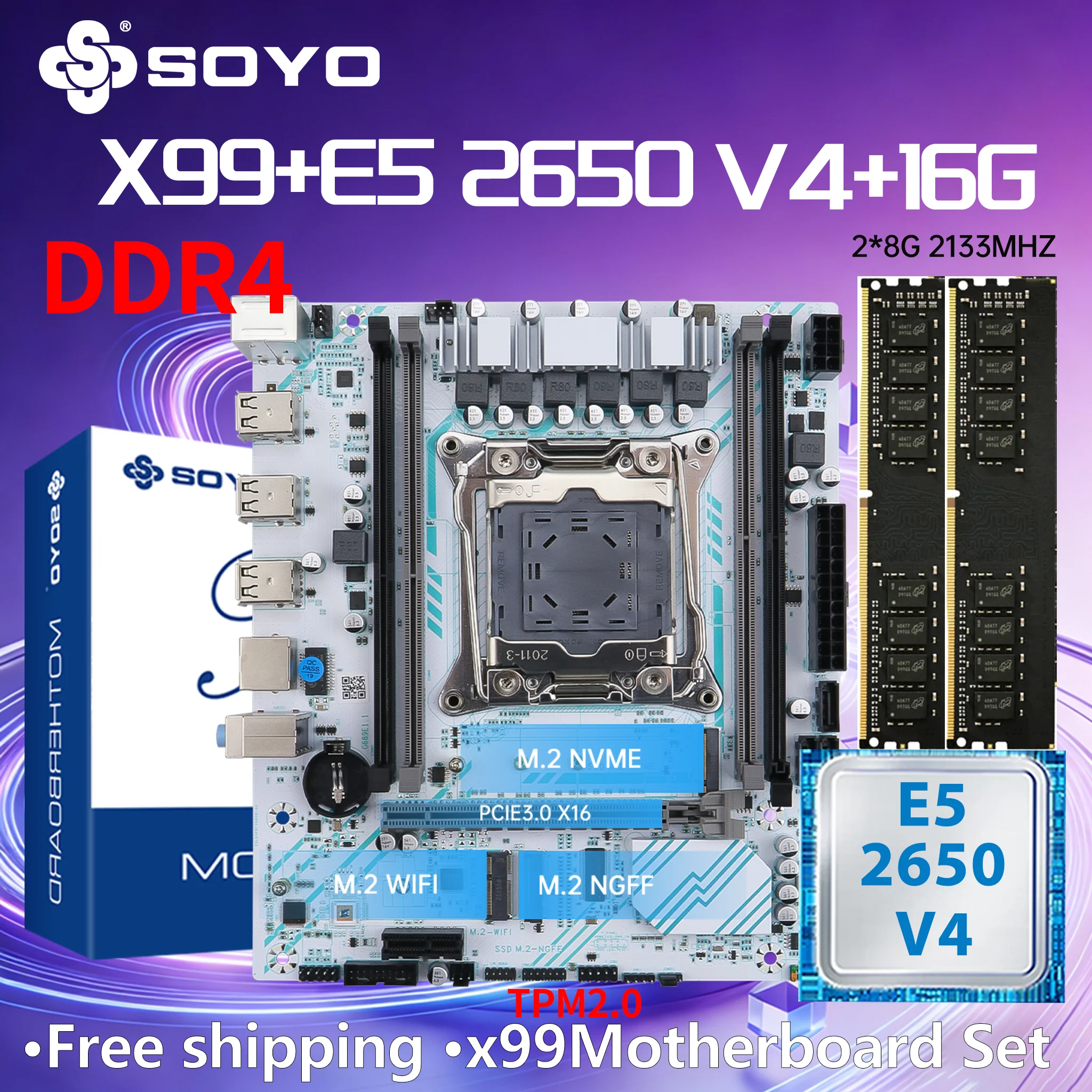 SOYO X99 DDR4 Gaming-Motherboard mit E5 2650 V4CPU 16G (8G*2) RAM LGA2011-3 PCIE3.0x16 M.2 (NVME) Desktop-PC TPM2.0 6xUSB2,0