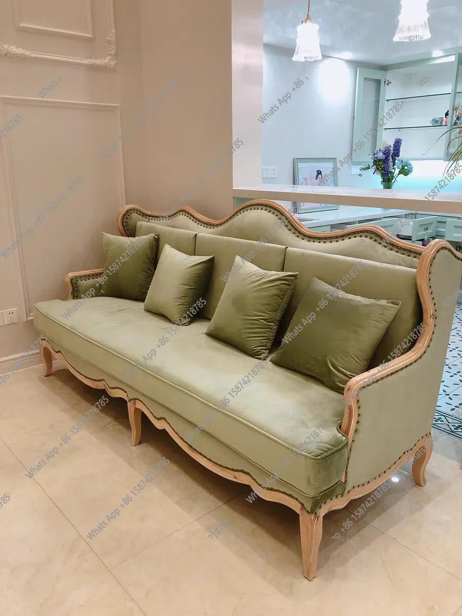 

JJ American Vintage Solid Wood Fabric Sofa Three-seater Small Apartment Living Room French Simple Log Oak High Backrest