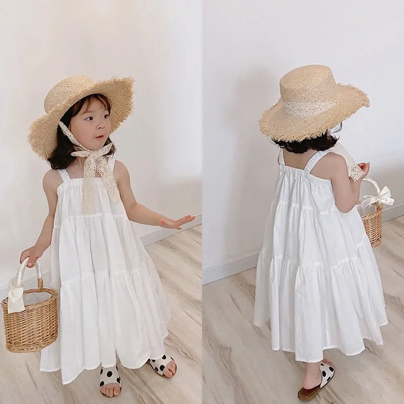 Girls Cotton Solid White Dress Ruffles Kids Strap Dress Summer Sleeveless Toddler Baby Long Dress Girl Clothes 1-6Y Kleid/robe