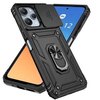 Coque de téléphone antichoc avec anneau de support, coque de protection d'objectif coulissant, coque de téléphone pour Xiaomi Redmi 12, 4G, 2023