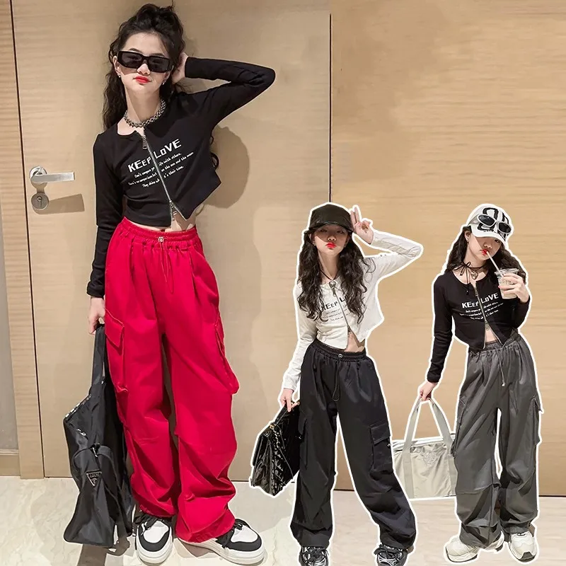 

Hip Hop Girls Clothing Set Cargo Casual Joggers Korean Girl Teenage Straight Trousers High Waist Baggy Sports Pants