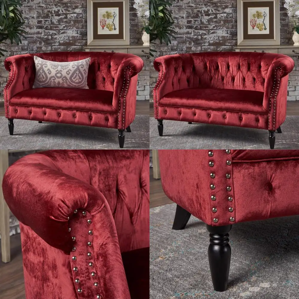 

Melaina Velvet Chesterfield Loveseat with Tufted Back and Scroll Arms in Garnet and Dark Brown by GDFStudio