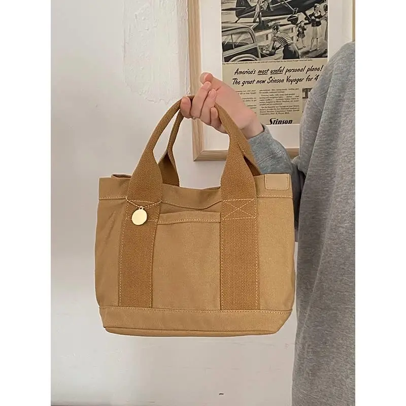 2023 New Japanese Sle Canvas Bag Multi-Layer Casual Hand-Held Simple INS Bento Box Lunch Bag Handbag Daily Use Storage Bag