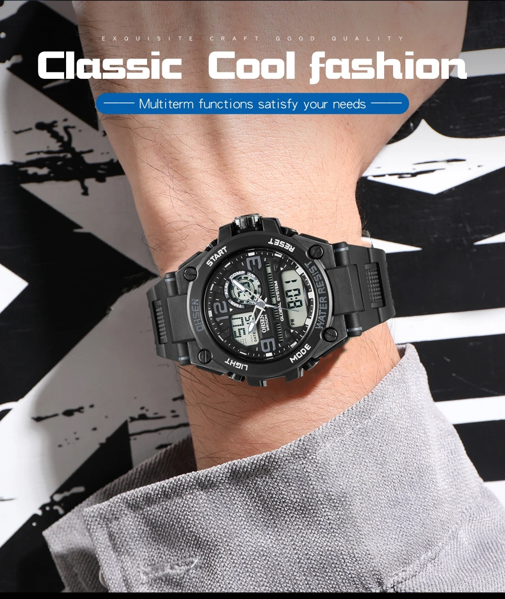 OHSEN Fashion Outdoor Sport Watch Men Multifunction 5 Bar Waterproof Black Military Digital Wristwatches Clock Relogio Masculino