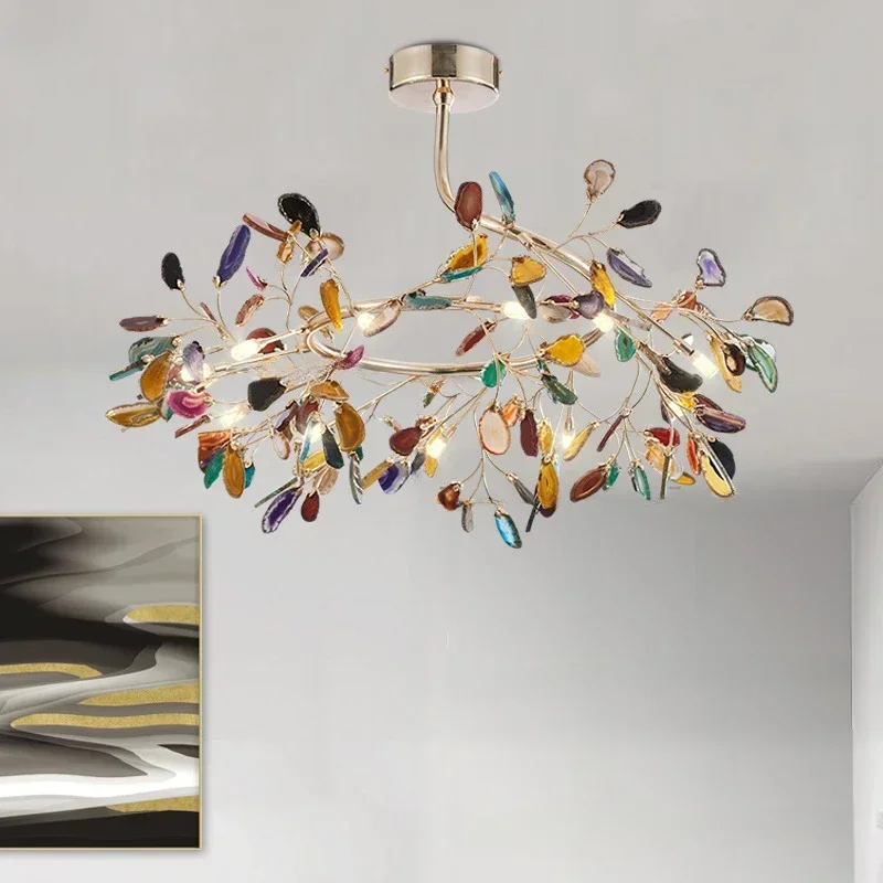 Modern Colorful Agate LED Pendant Lamp Romantic Leaves Shape Chandelier Art Room Hall Living Room Decoration LED Lights