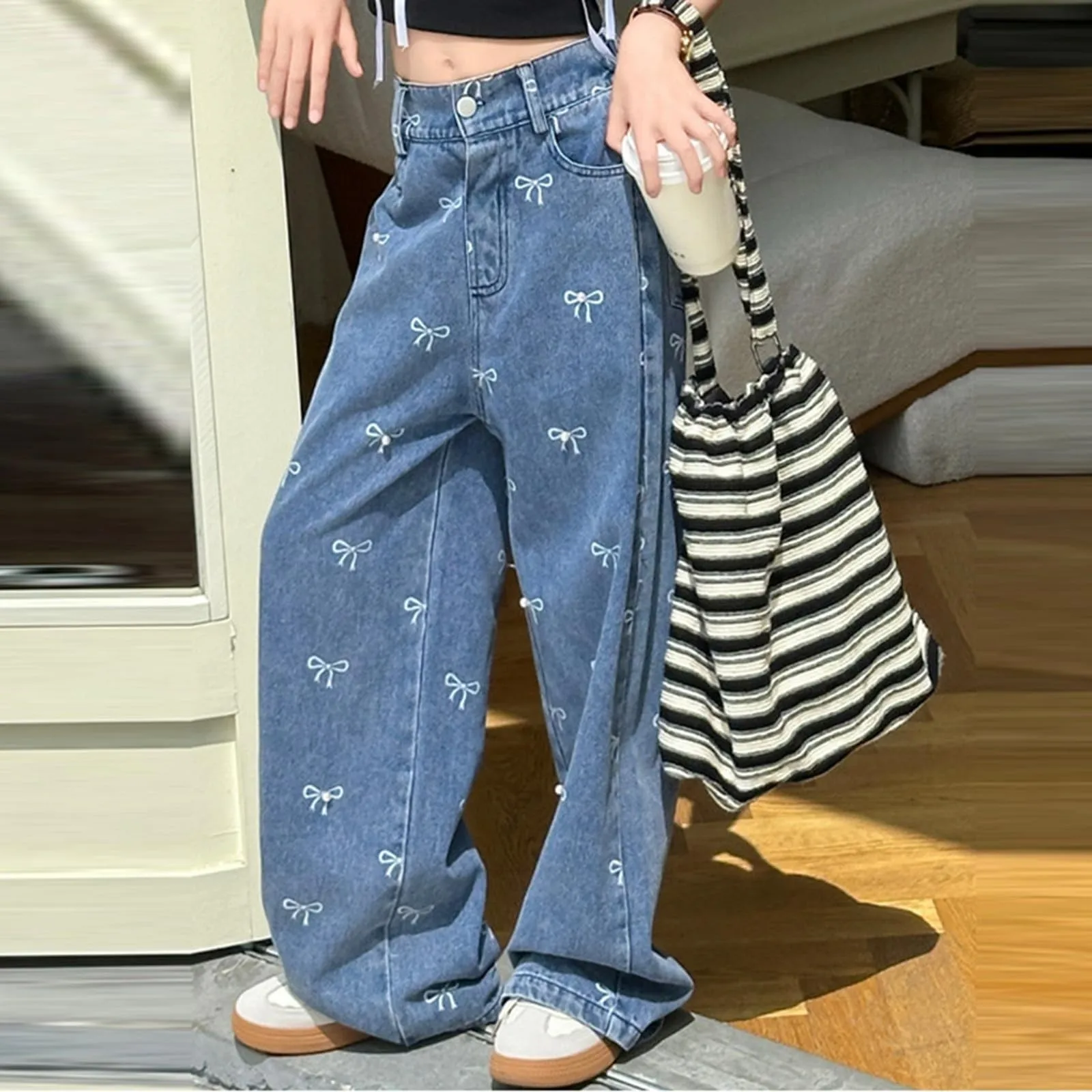 

Baggy jeans for girls straight leg jeans elastic high waist Y2K denim pants with pocket casual denim wide leg pants 4-13 Y
