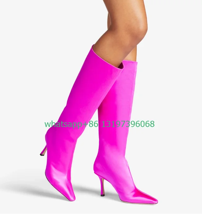 

Lady fuchsia punk color stain design knee boots pointed toe high heel boots sexy party1 dance boots new arrive colorful boots
